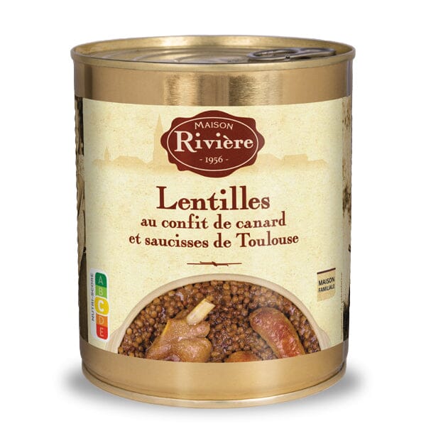 Lentilles au confit de canard et saucisses de Toulouse Plats cuisinés Maison Rivière 840g en boîte 