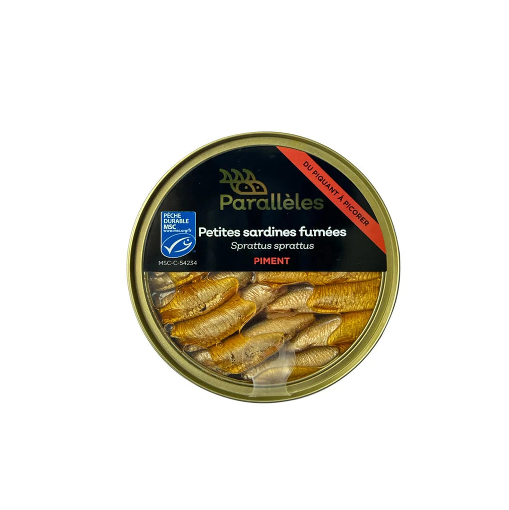 Petite sardines fumées au piment en boîte Conserves Parallèles 