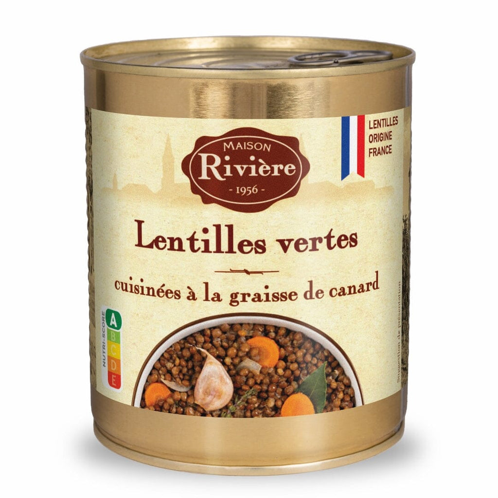 Lentilles vertes cuisinées à la graisse de canard Légumes d’accompagnement Maison Rivière 820g en boîte 