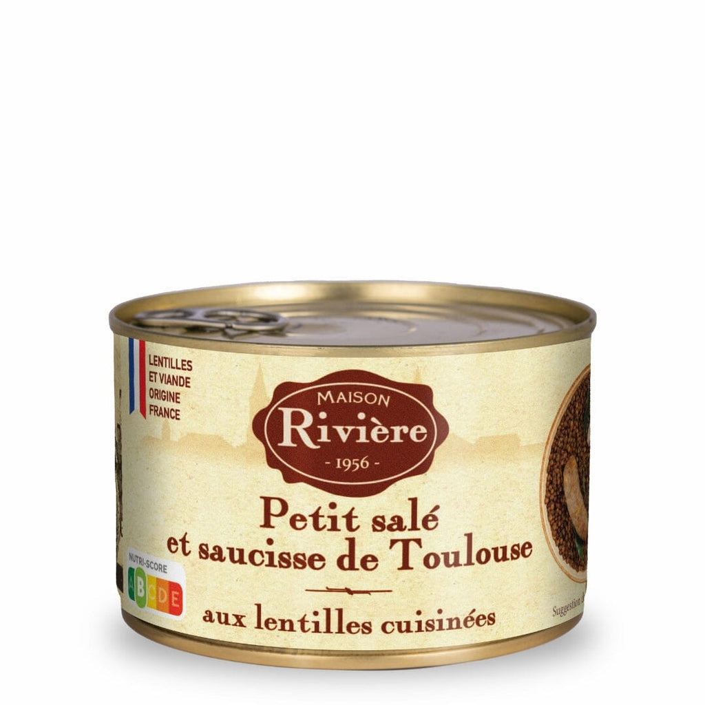 Petit salé au saucisse de Toulouse et aux lentilles cuisinés Plats cuisinés Maison Rivière 420g en boîte 
