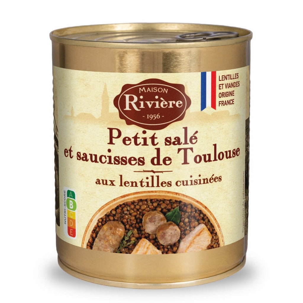 Petit salé au saucisse de Toulouse et aux lentilles cuisinés Plats cuisinés Maison Rivière 840g en boîte 