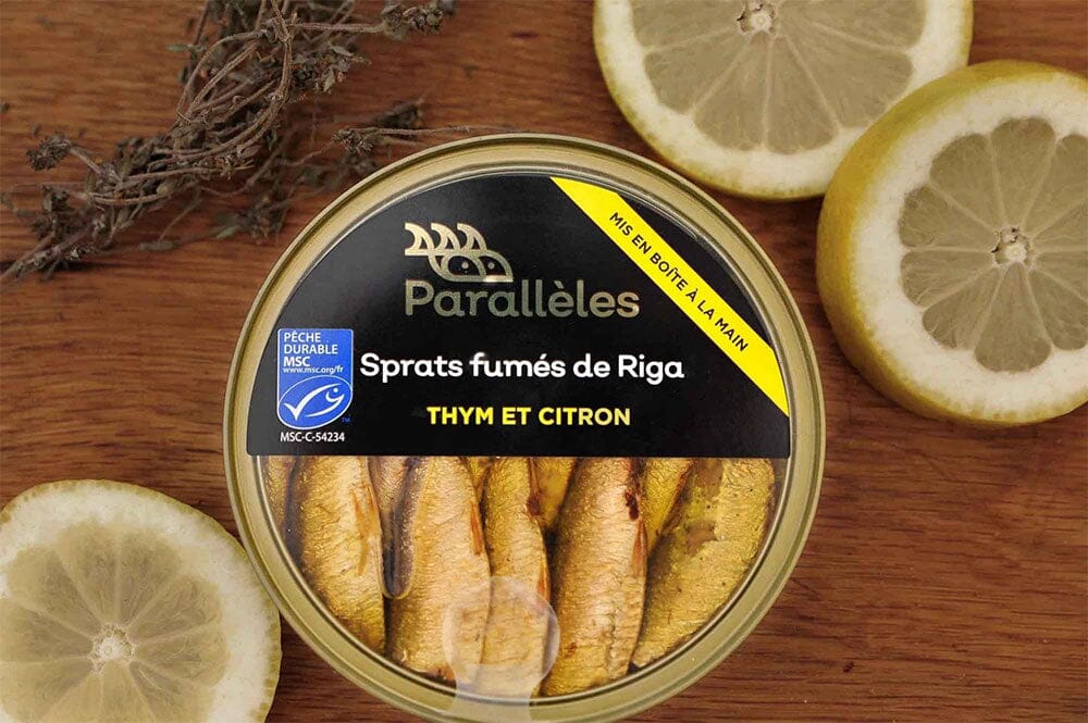 Sprats fumés de Riga au thym et citron en boîte Conserves Parallèles 
